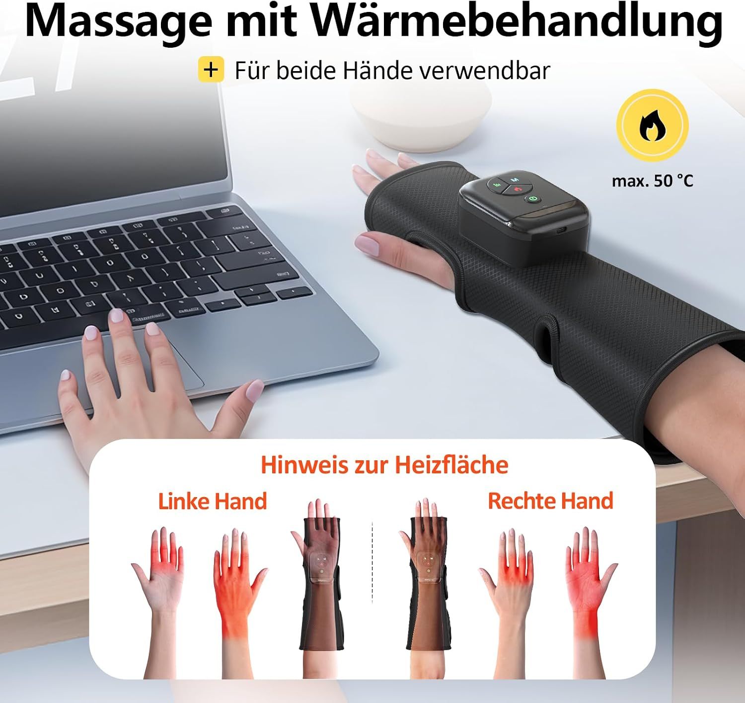 Handmassagegerät mit Wärmebehandlung, bis max. 50°C, für beide Hände.