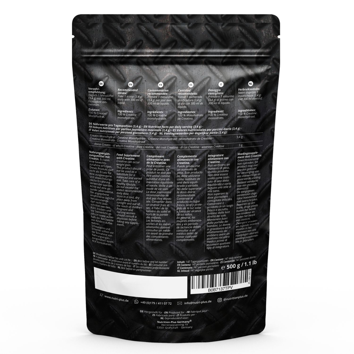 Schwarzer Beutel mit Text und Nährwertangaben. Enthält Creatin-Monohydrat und Vitamin B12. 500g, 1.1 lb.