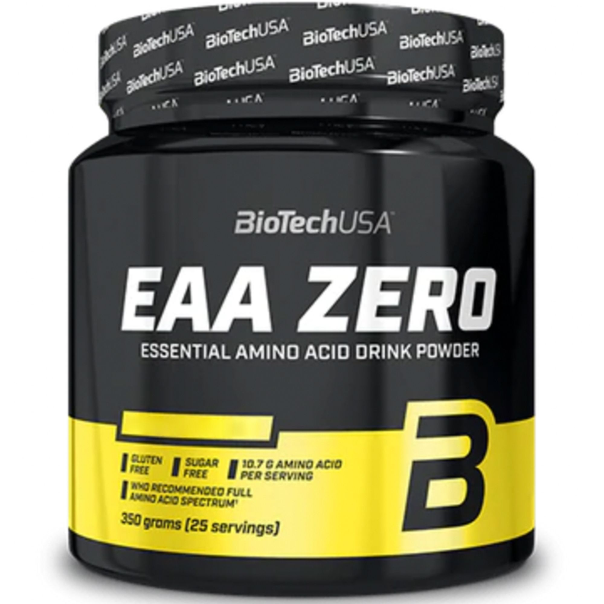 Schwarzes Dose mit gelben Akzenten. Aufschrift: EAA ZERO, Essential Amino Acid Drink Powder. Enthält 350 Gramm.
