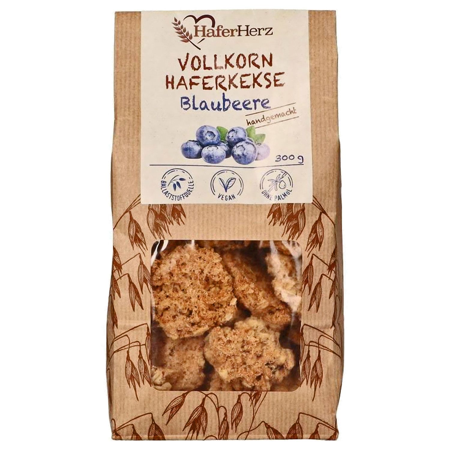 Verpackung mit Haferkeksen Blaubeere. Sichtfenster zeigt Kekse. Aufdrucke: HaferHerz, Vollkorn Haferkekse, Blaubeere, 300g, vegan.