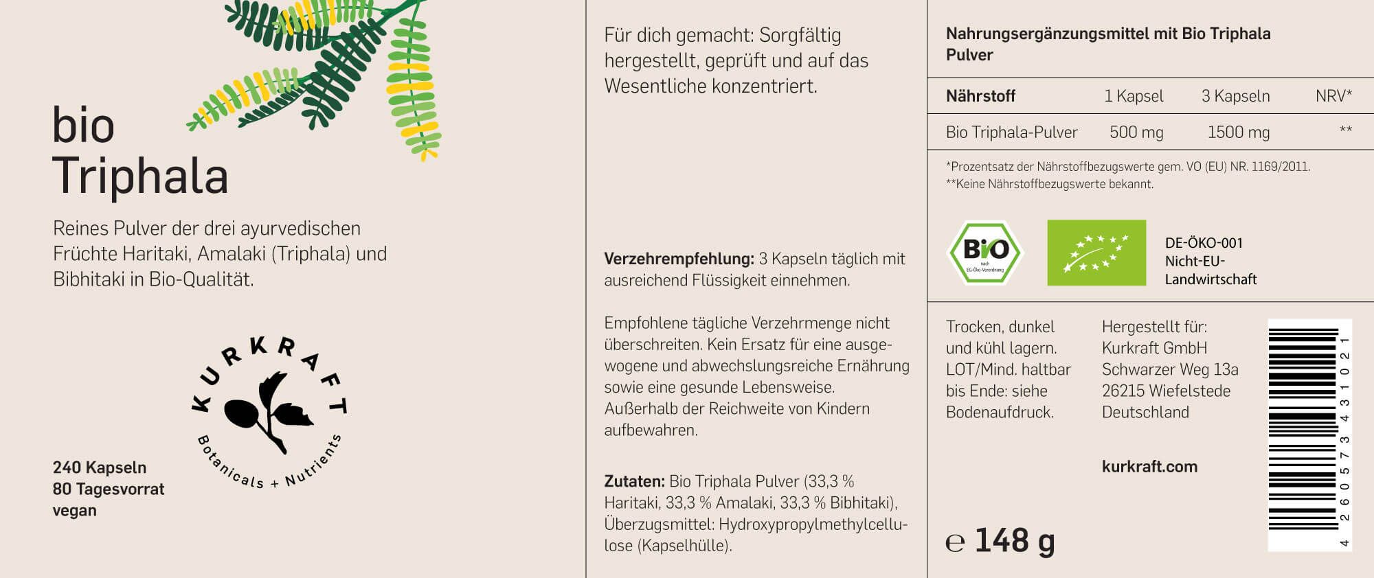 Etikett mit Produktinformationen. Text: bio Triphala. 240 Kapseln, vegan. Bio-Siegel. Nährwertangaben. Hersteller.