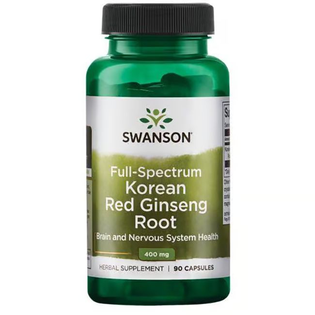 Grüne Flasche mit Kapseln. Aufschrift: SWANSON, Full-Spectrum Korean Red Ginseng Root, 400 mg, 90 Kapseln.
