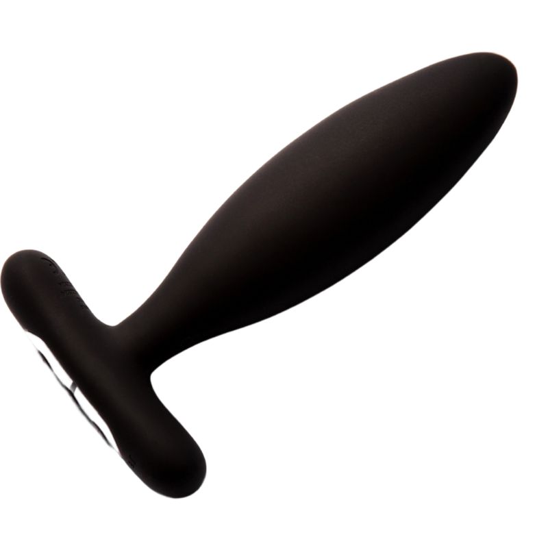 Schwarz, anales Stimulationsgerät mit T-förmigem Griff. Glatte Oberfläche, längliche Form.