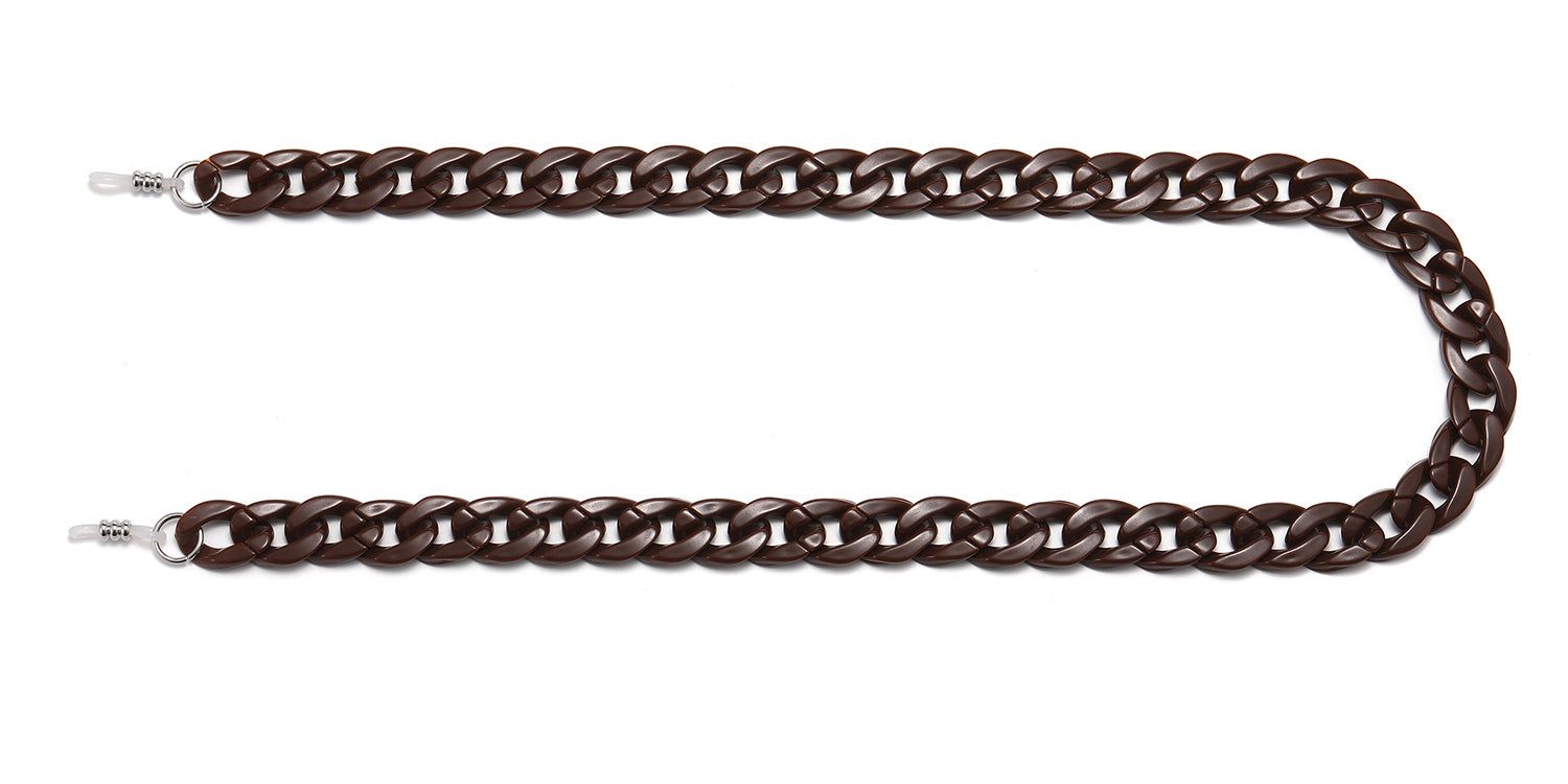 Braune Brillenkette, Kettenglieder, Metallverschlüsse. U-förmige Anordnung auf weißem Hintergrund.