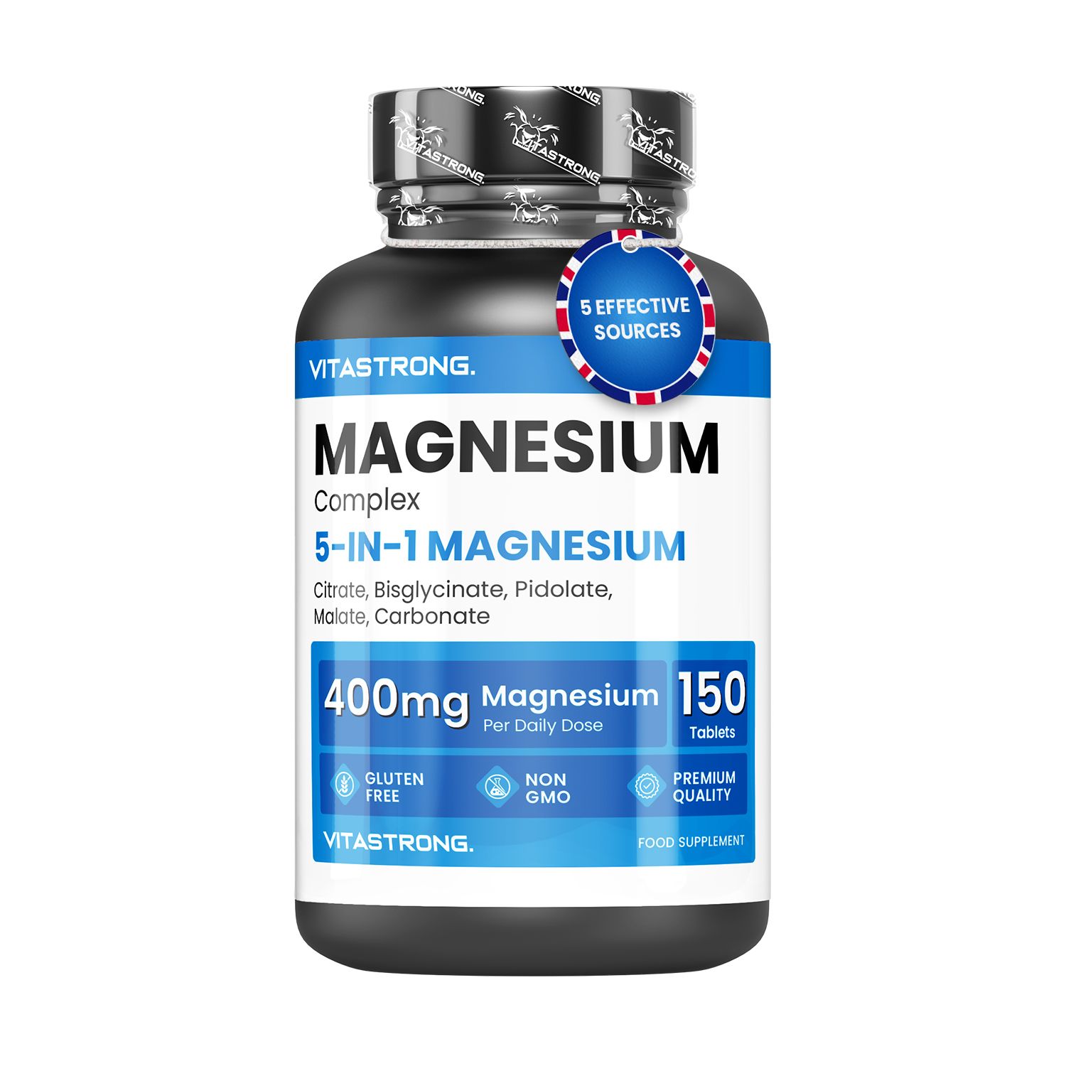 Magnesium-Komplex 5-in-1. Flasche mit Tabletten, 150 Stück. Enthält 400mg Magnesium pro Dosis. Glutenfrei, ohne GVO.