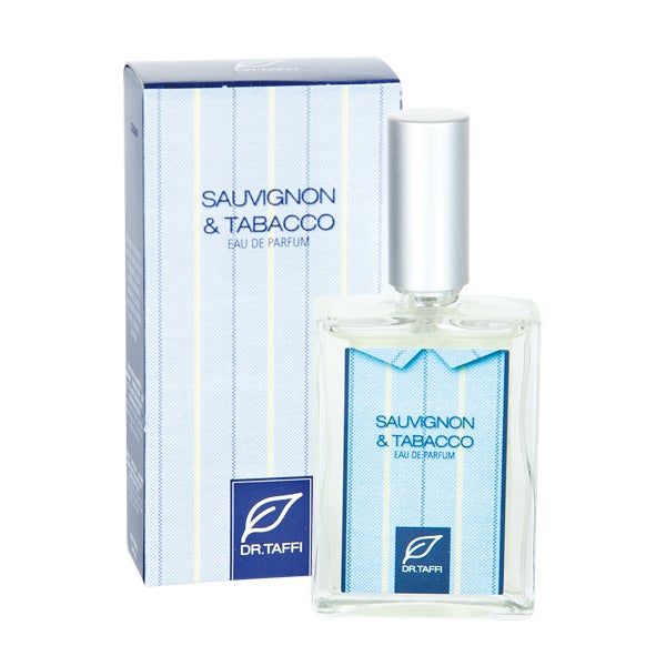 Parfümflasche und Schachtel. Aufschrift: Sauvignon & Tabacco Eau de Parfum. Marke: Dr. Taffi. Flasche mit silbernem Zerstäuber.