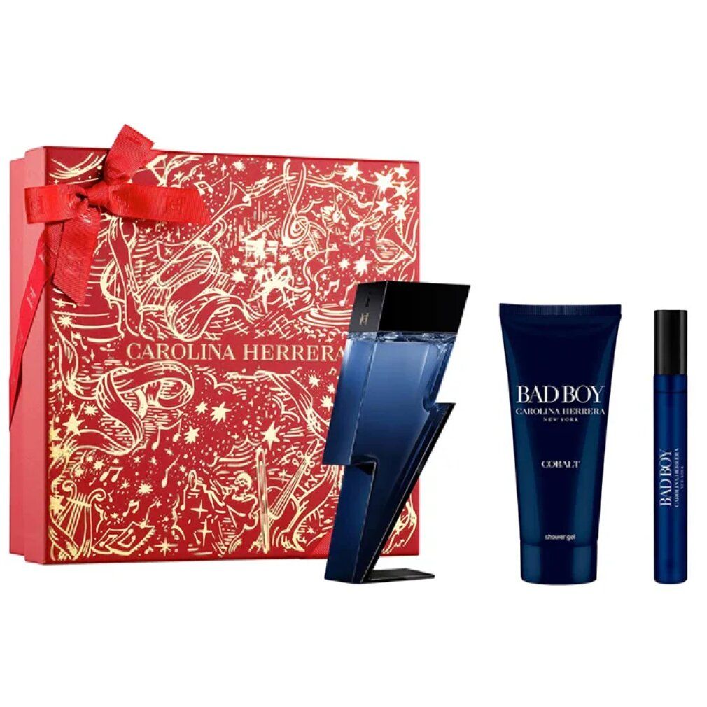 Carolina Herrera Bad Boy Geschenkset mit Blitz-förmigem Parfümflakon, Duschgel und kleinem Parfümzerstäuber.