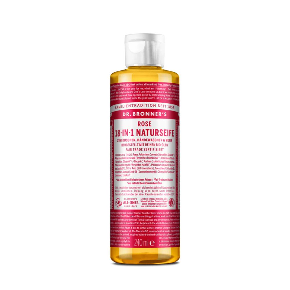 Eine Flasche Dr. Bronner's Naturseife Rose. Rote und weiße Etiketten mit Text. Weiße Kappe. 240 ml.