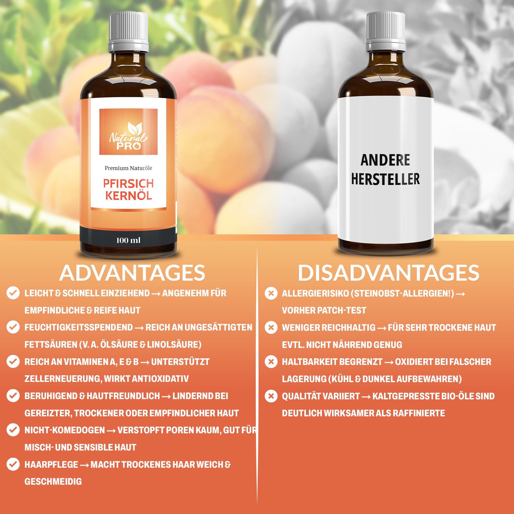 Zwei braune Glasflaschen mit weißem Deckel. Links: Etikett mit Text: Pfirsichkernöl, 100 ml. Rechts: Etikett ohne Text. Vorteile und Nachteile.