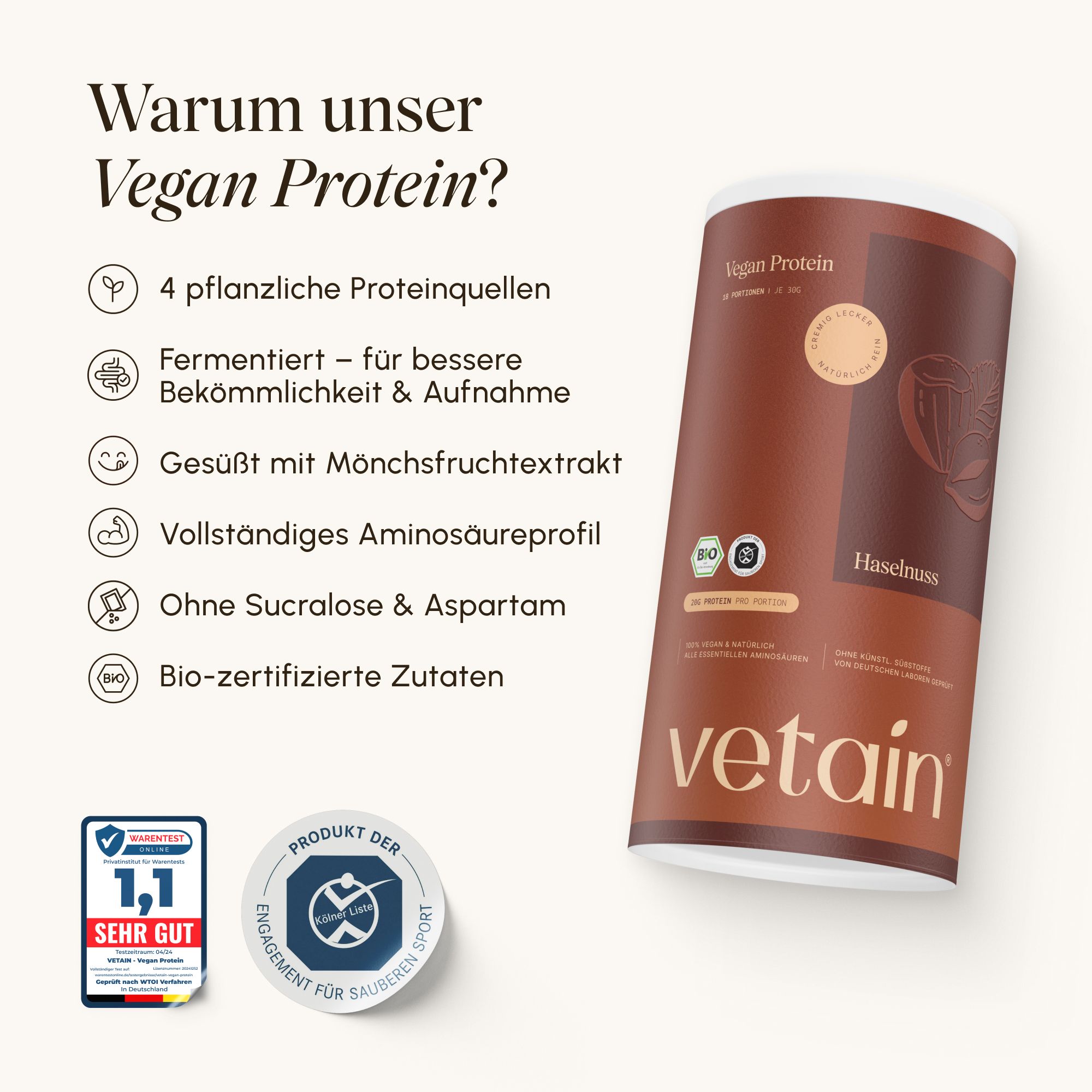 Vorteile von VETAIN Vegan Protein Haselnuss: fermentiert, Bio, ohne Zuckerzusatz.