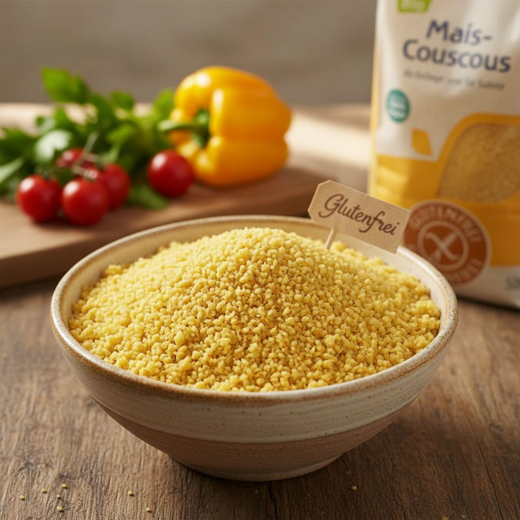 Eine Schüssel mit glutenfreiem Mais-Couscous, daneben ein Beutel und Gemüse.