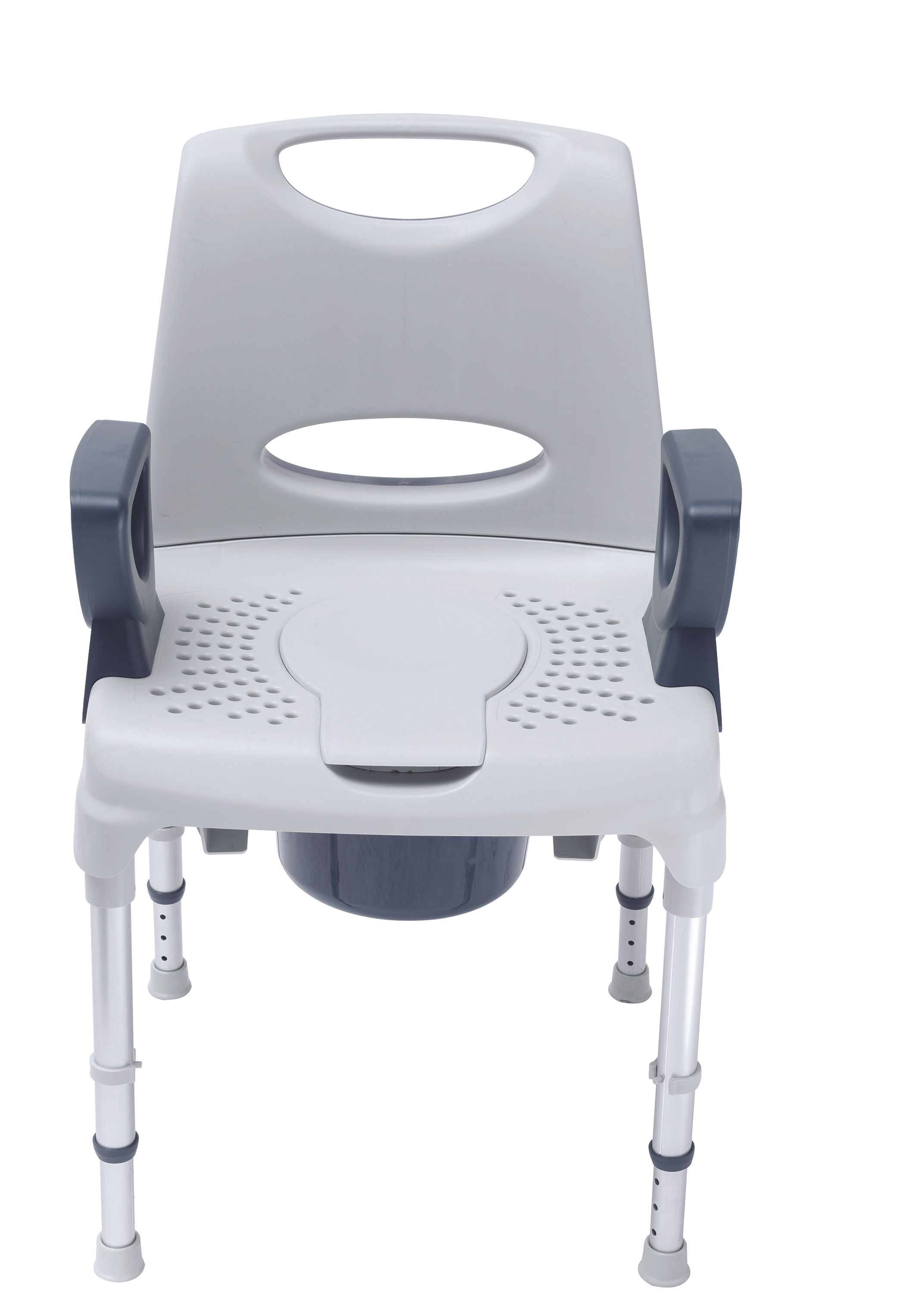 Dusch- und Toilettenstuhl mit Rückenlehne, Armlehnen und Eimer. Höhenverstellbare Beine. Graue Sitzfläche, blaue Armlehnen und Eimer.