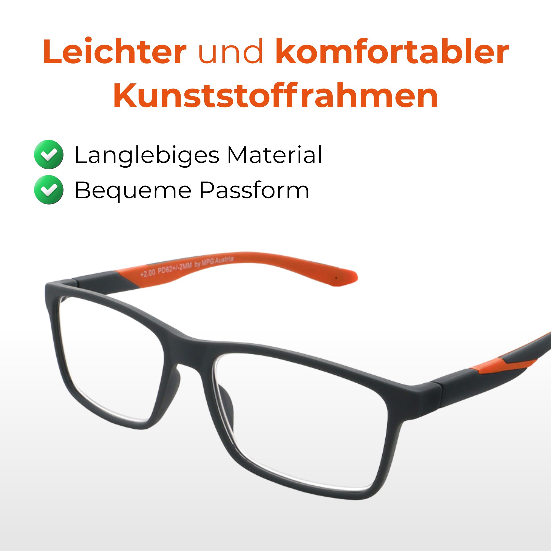 Brille mit schwarzem Kunststoffrahmen und orangefarbenen Bügeln. Text: Leichter und komfortabler Kunststoffrahmen, langlebiges Material, bequeme Passform.