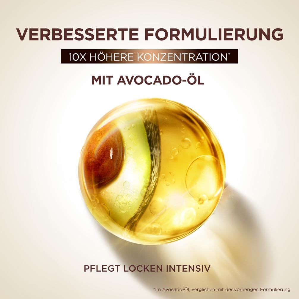 Gelbe Kapsel mit Avocado-Öl. Text: Verbesserte Formulierung, 10x höhere Konzentration. Pflegt Locken intensiv.