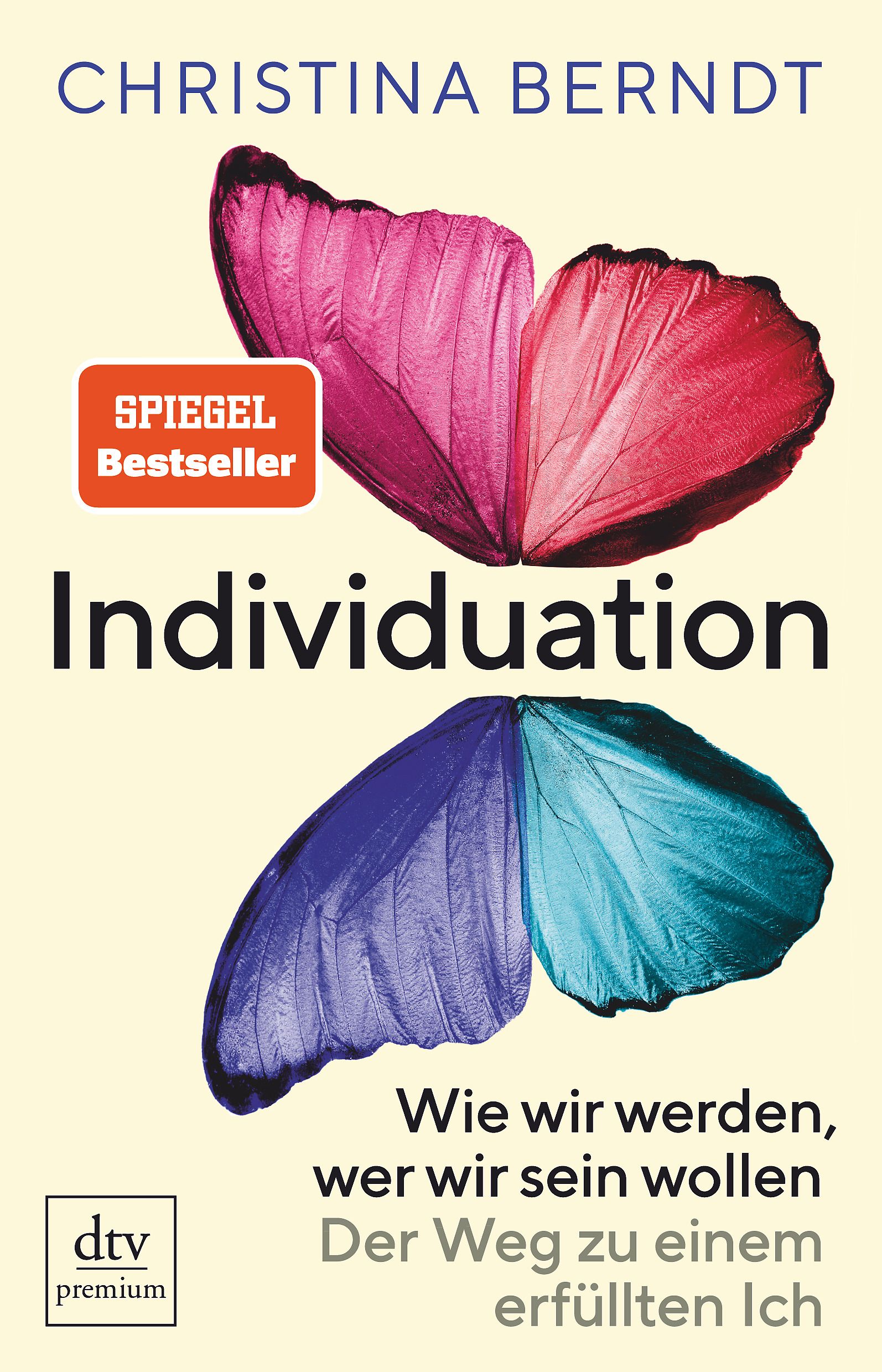 Buchcover mit Titel "Individuation". Autorin: Christina Berndt. Spiegel Bestseller-Siegel. Schmetterlingsflügel-Illustration.