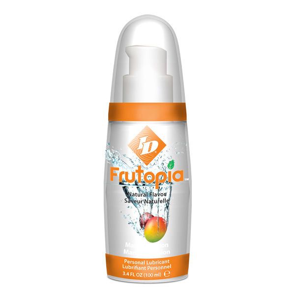 Flasche mit ID Frutopia Mango. Weiß-orangefarbenes Etikett mit Logo, Mango-Illustration und Text. Pumpverschluss mit transparenter Kappe.
