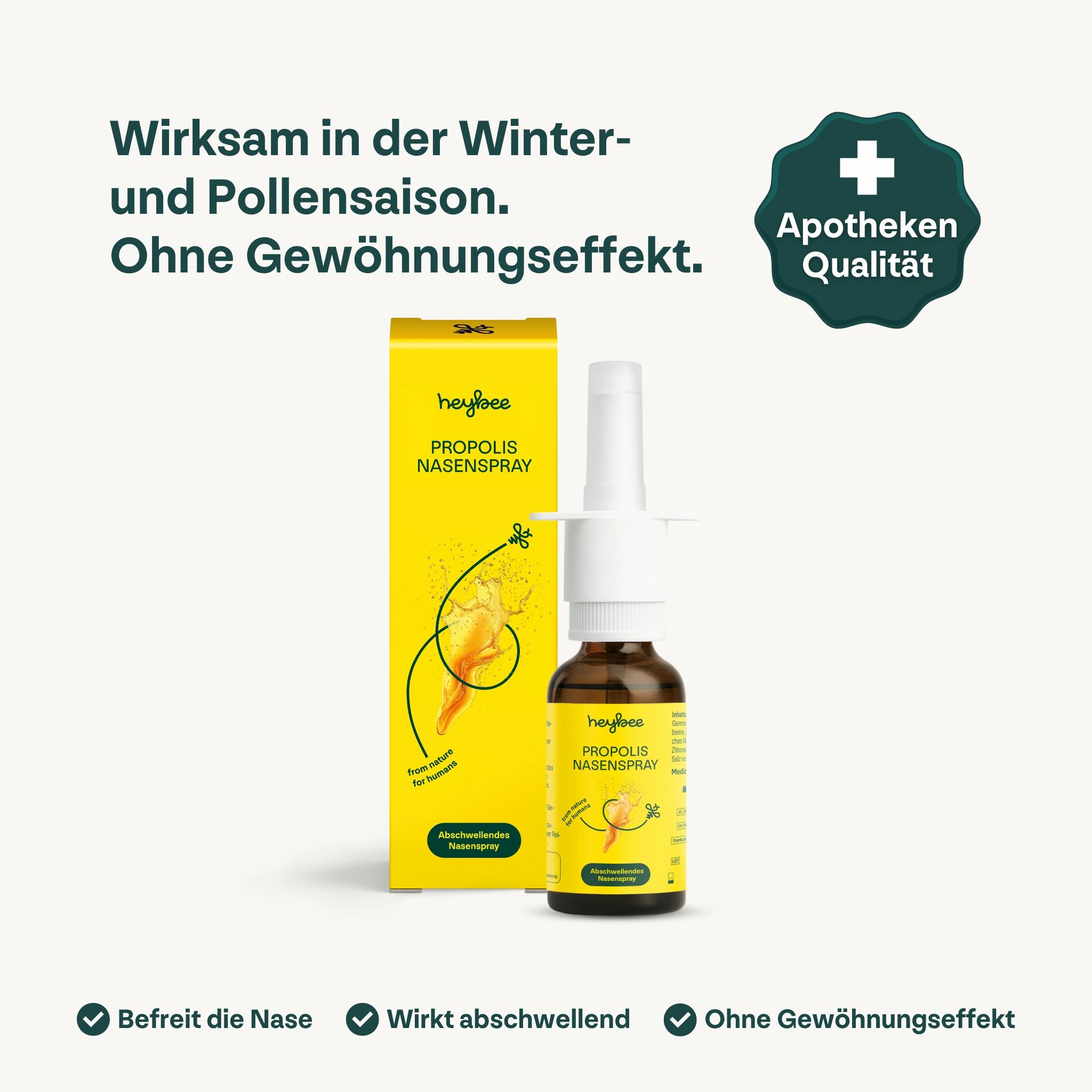 Nasenspray mit gelber Verpackung und Produktflasche. Apotheken-Qualität. Text: Wirksam in der Winter- und Pollensaison. Ohne Gewöhnungseffekt.