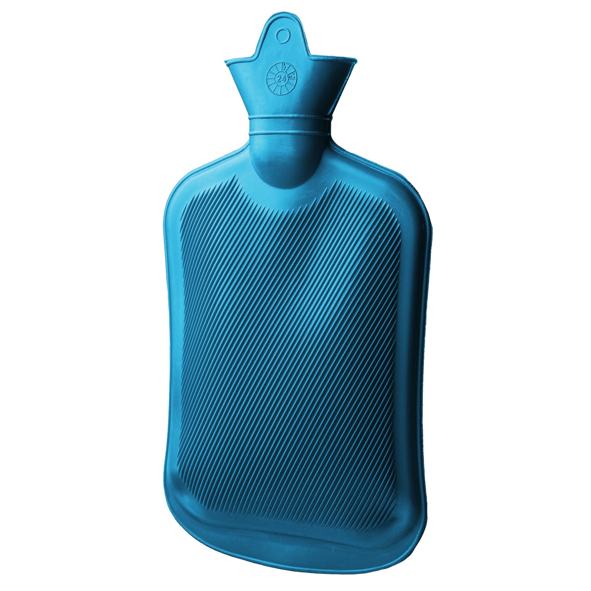 Türkise Wärmflasche aus Gummi mit gerippter Oberfläche und Schraubverschluss.