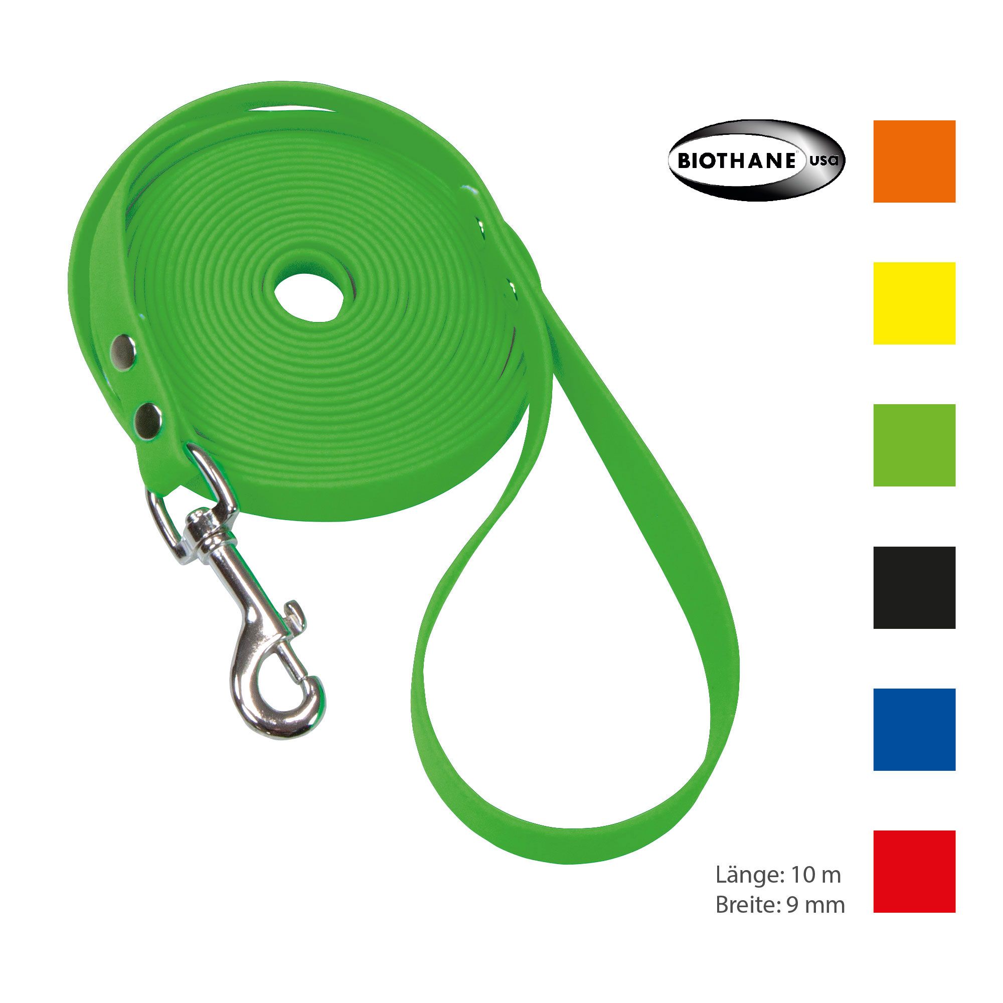 Schecker Biothane® Schleppleine grün mit Handschlaufe, 10m/9mm nimmt kein Wasser auf