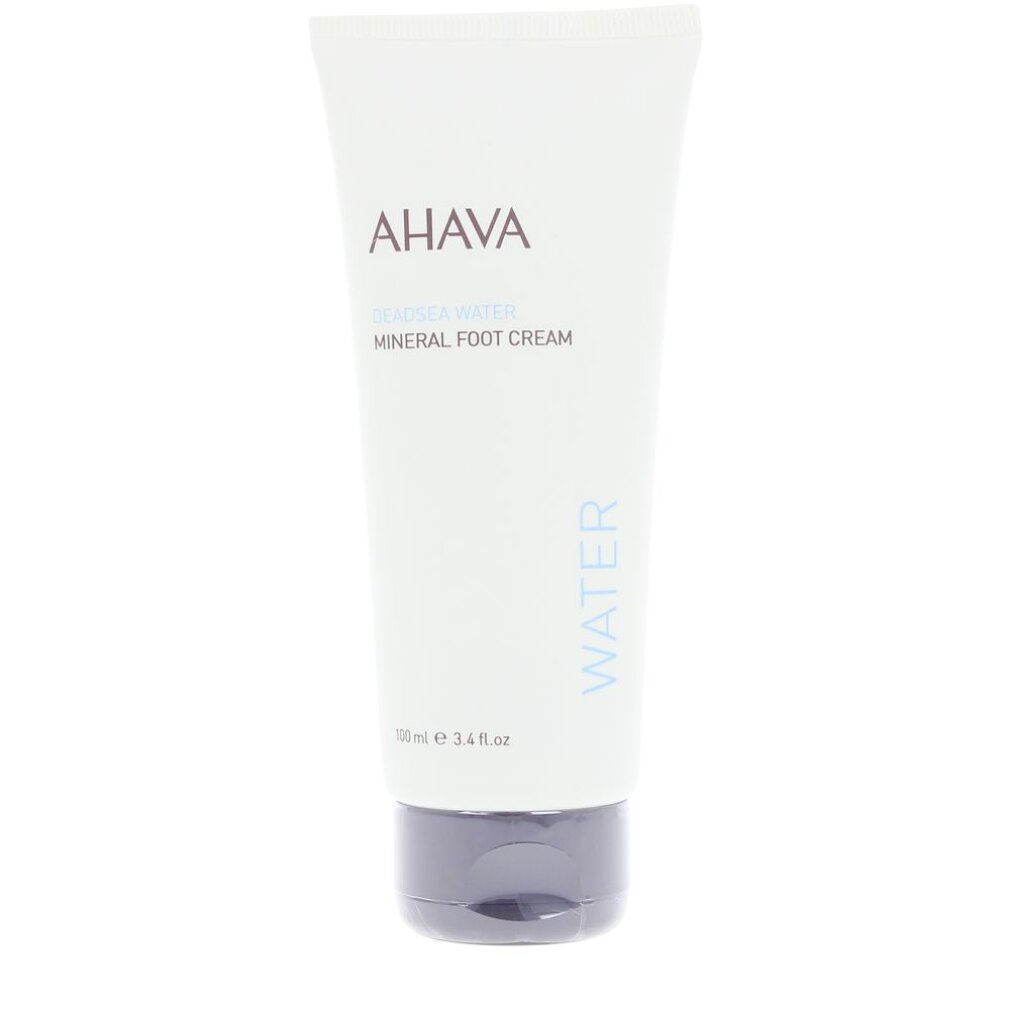 AHAVA Mineral Fußcreme Tube. Weiß, mit dunklem Verschluss. Produktname und Marke deutlich sichtbar. Text: WATER.
