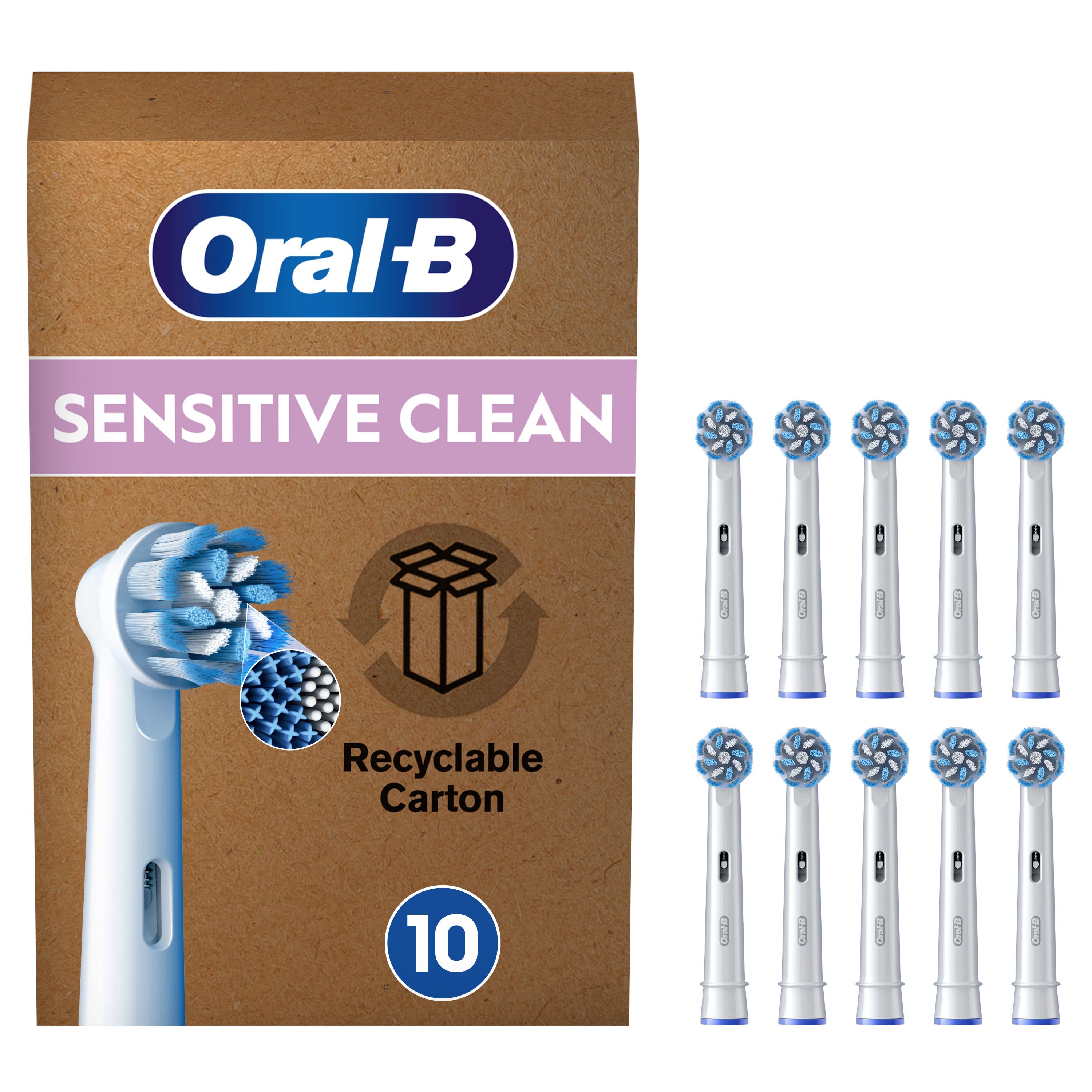 Kartonverpackung mit 10 Bürstenköpfen. Text: Oral-B, Sensitive Clean. Recycling-Symbol.