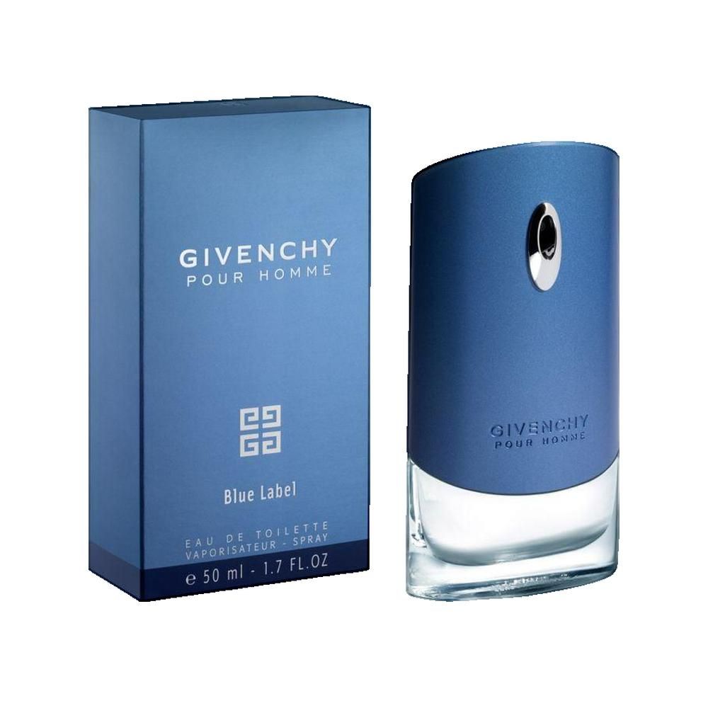 Blaues Givenchy Pour Homme Eau de Toilette mit Verpackung. Flakon und Schachtel zeigen den Markennamen und Produktbezeichnung.