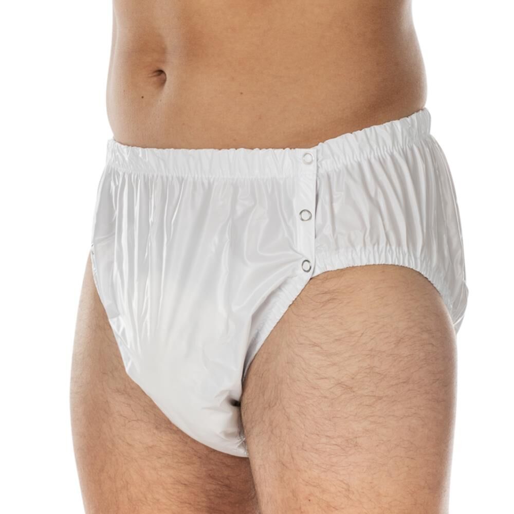 Weiße PVC-Slip mit Knöpfen. Seitenansicht. Elastischer Bund und Beinöffnungen. Knöpfe an der Seite.