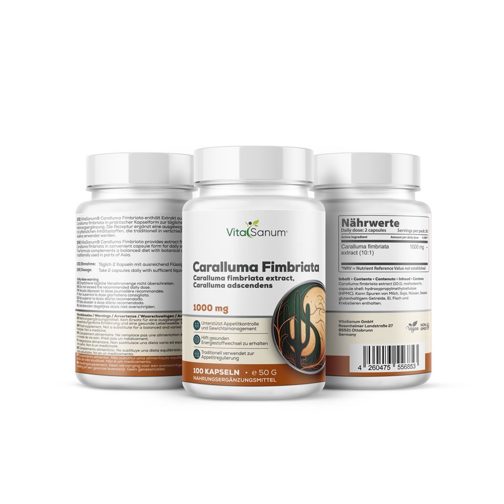 Drei weiße Flaschen mit Kapseln. Aufschrift: VitaSanum, Caralluma Fimbriata, 1000 mg, 100 Kapseln, Nahrungsergänzungsmittel.
