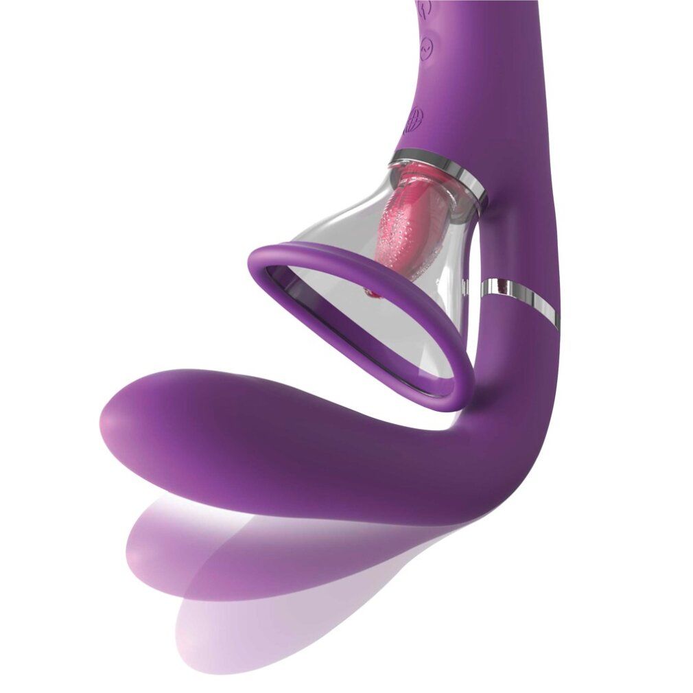 Lila Vibrator mit zwei Saugschalen. Sichtbare Merkmale: gebogene Form, silberne Akzente, transparente Saugschalen mit rosa Elementen.