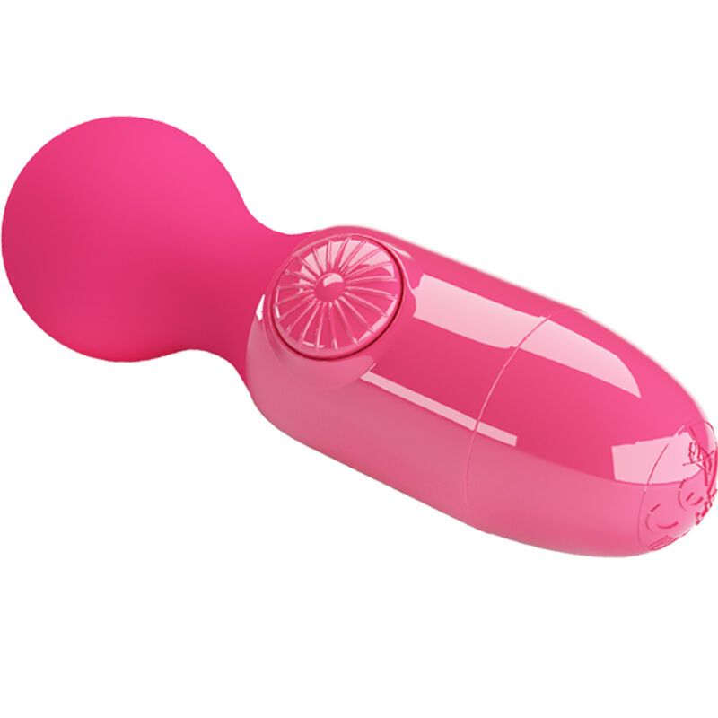 Pinker Mini-Massagestab, schräg von vorne mit geriffeltem Knopf.
