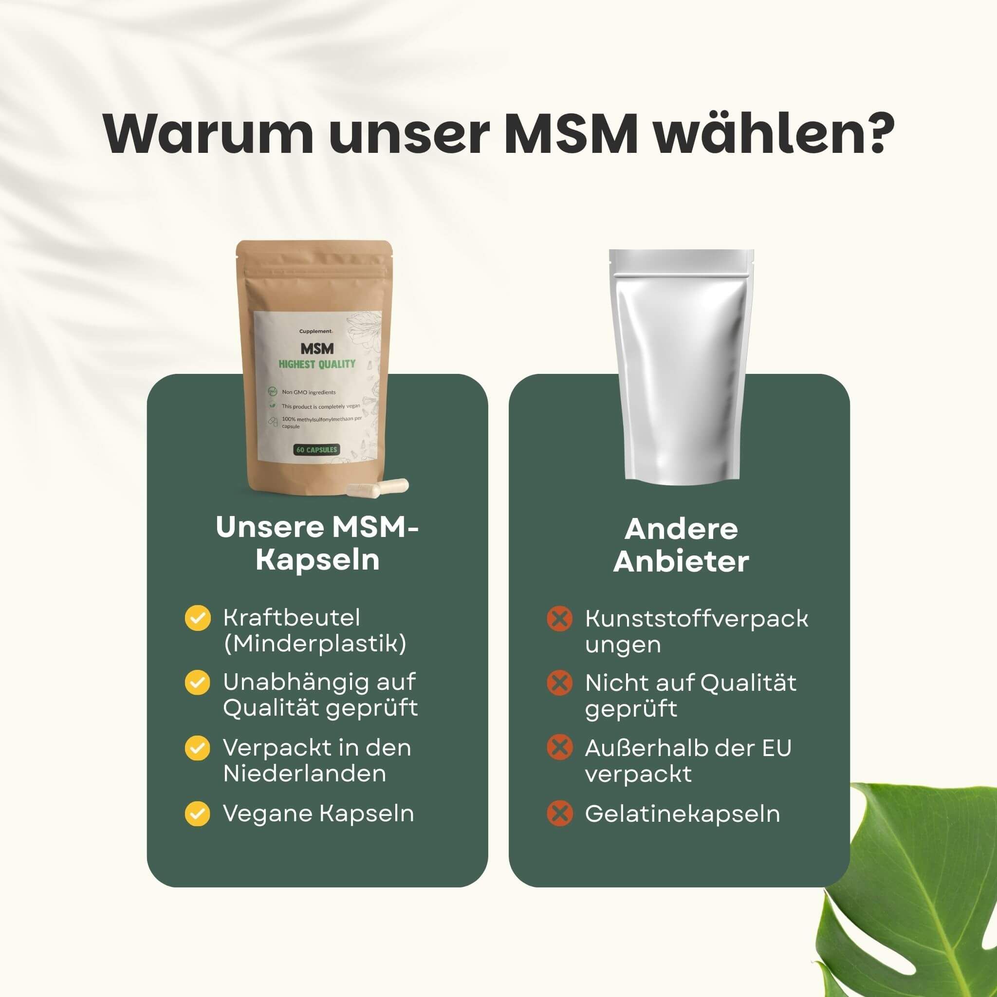 Beutel mit Kapseln. Text: MSM, höchste Qualität. Kundenbewertung 4,7/5. 60 Kapseln. Vegan.
