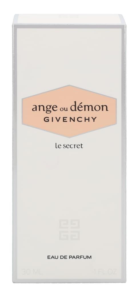 Weiße rechteckige Verpackung. Aufschrift: Ange ou Démon Givenchy, Le Secret, Eau de Parfum. Logo Givenchy. 30 ml.