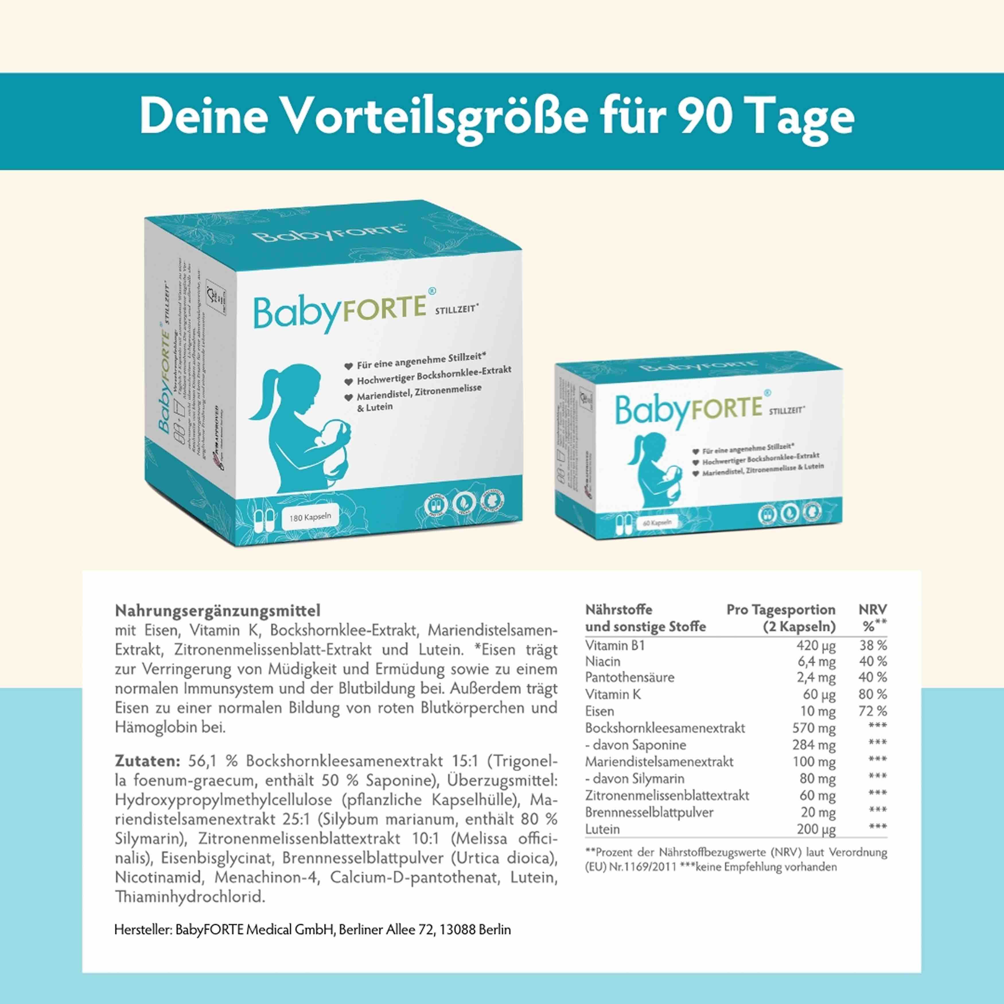 Zwei Produktverpackungen. Aufschrift: BabyFORTE. Text: Nahrungsergänzungsmittel. Inhaltsstoffe und Nährwerttabelle. Für 90 Tage.