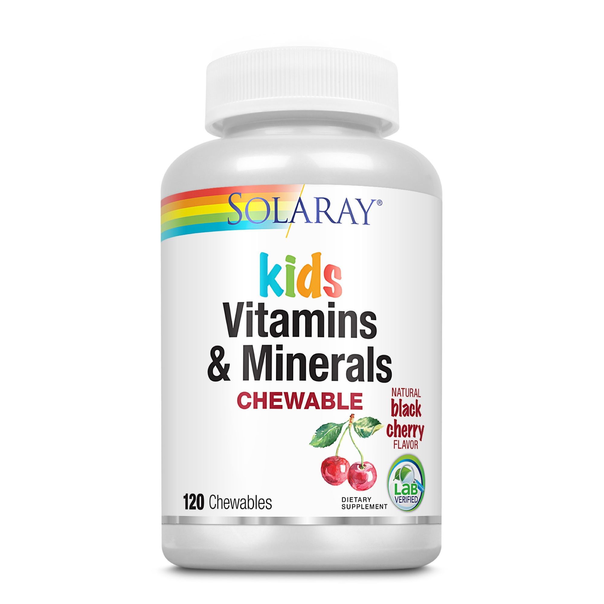 Weiße Flasche Solaray Kids Vitamins & Minerals. Aufschrift: Chewable, 120 Tabletten. Schwarzkirsch-Geschmack.