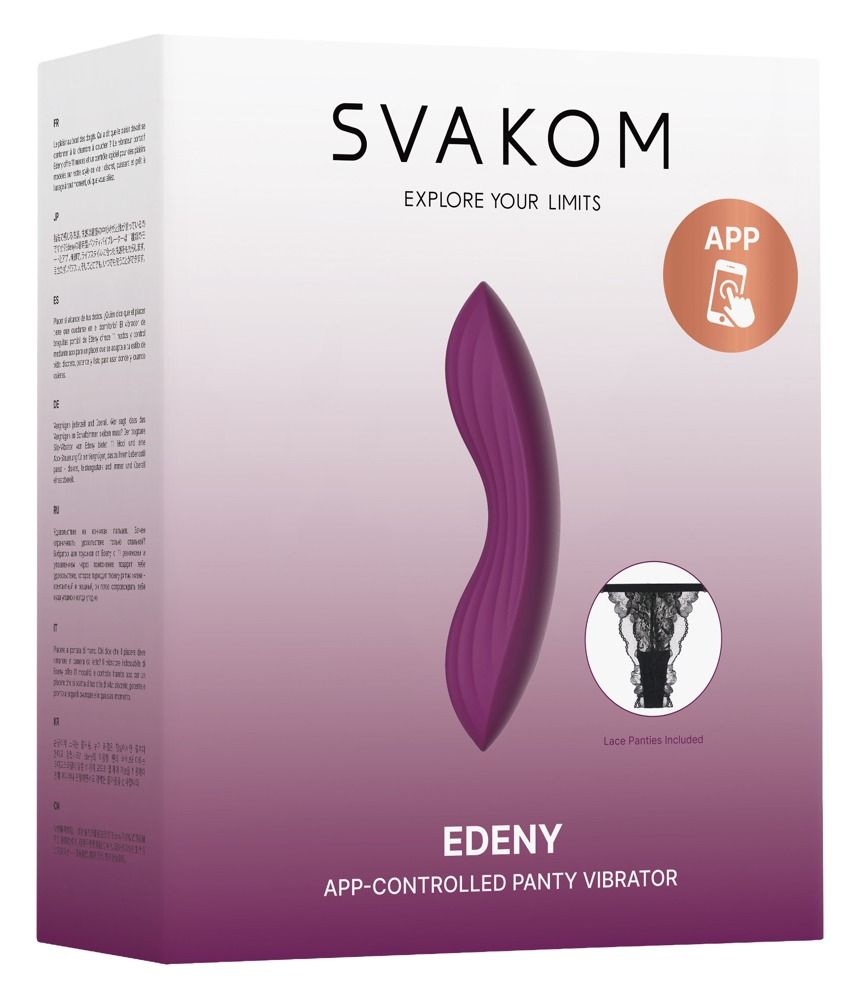 Verpackung für Svakom Edeny. Produktabbildung und Text. Enthält ein Produkt und eine App-Anleitung.