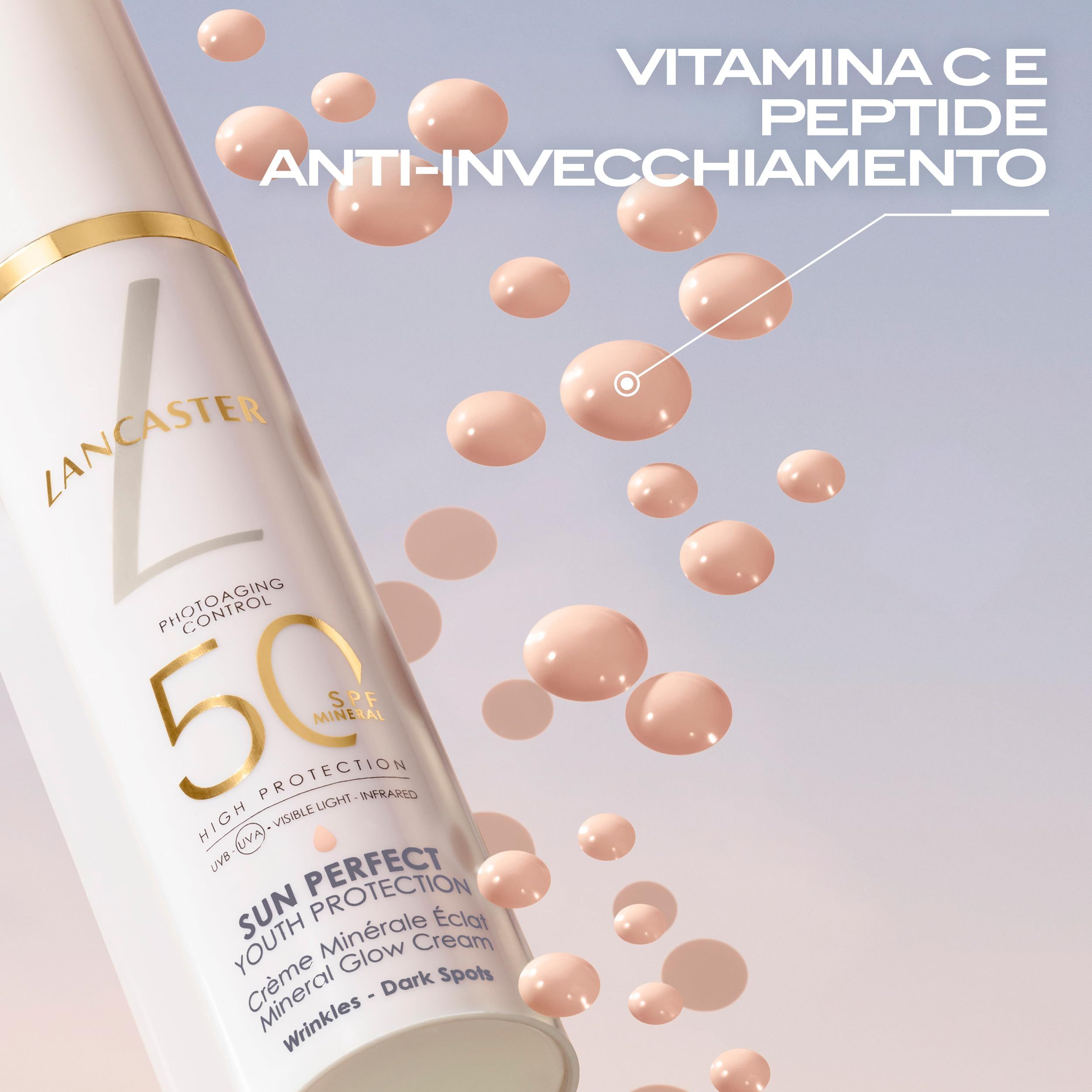 Weiße Tube mit Produkt. Aufschrift: Lancaster, 50 SPF, Sun Perfect Youth Protection, Crème Minérale. Mit rosa Tropfen.