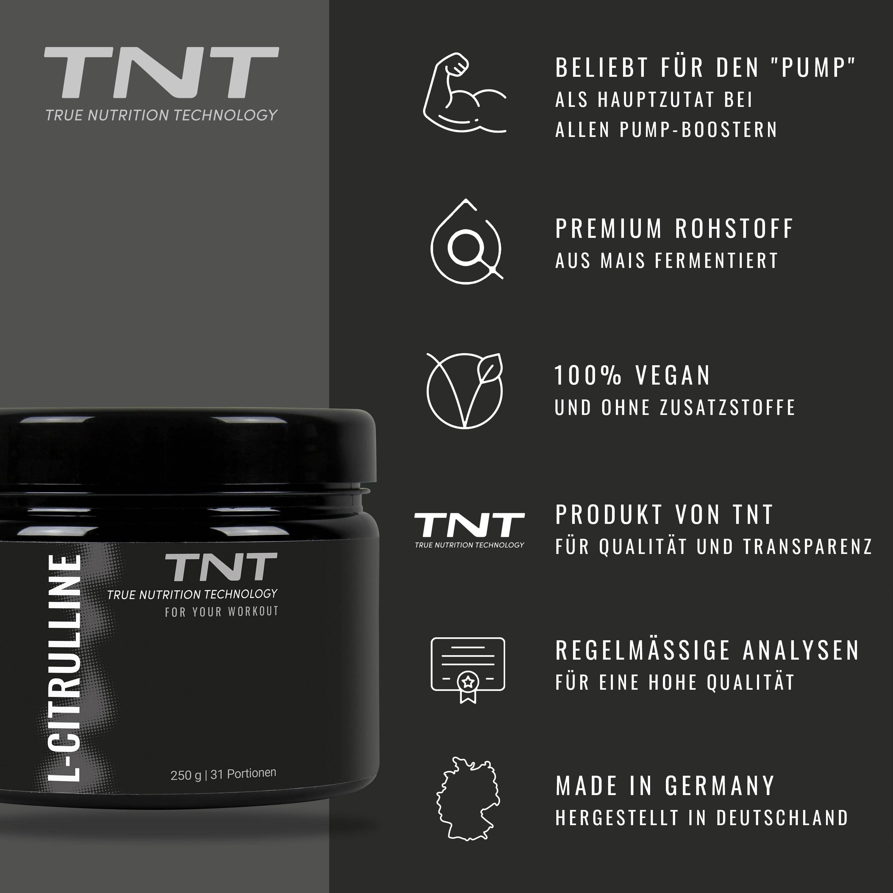 Schwarzer Behälter mit L-Citrulline und TNT. 250g | 31 Portionen. Text: Premium Rohstoff aus Mais fermentiert. 100% vegan.