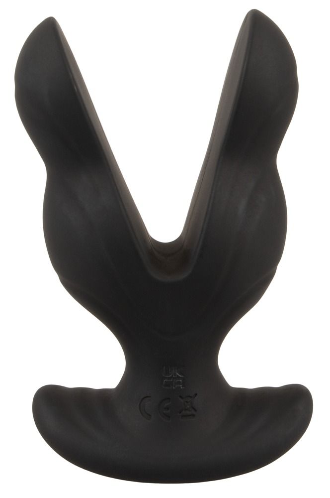 Schwarzer Analspreizer. V-förmige Form mit breiter Basis. Glatte Oberfläche. Ansicht von vorne.