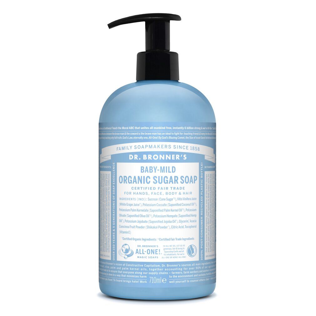 Hellblaue Flasche mit schwarzem Pumpkopf. Beschriftung: Baby-Mild Organic Sugar Soap. Zertifiziert Fair Trade.