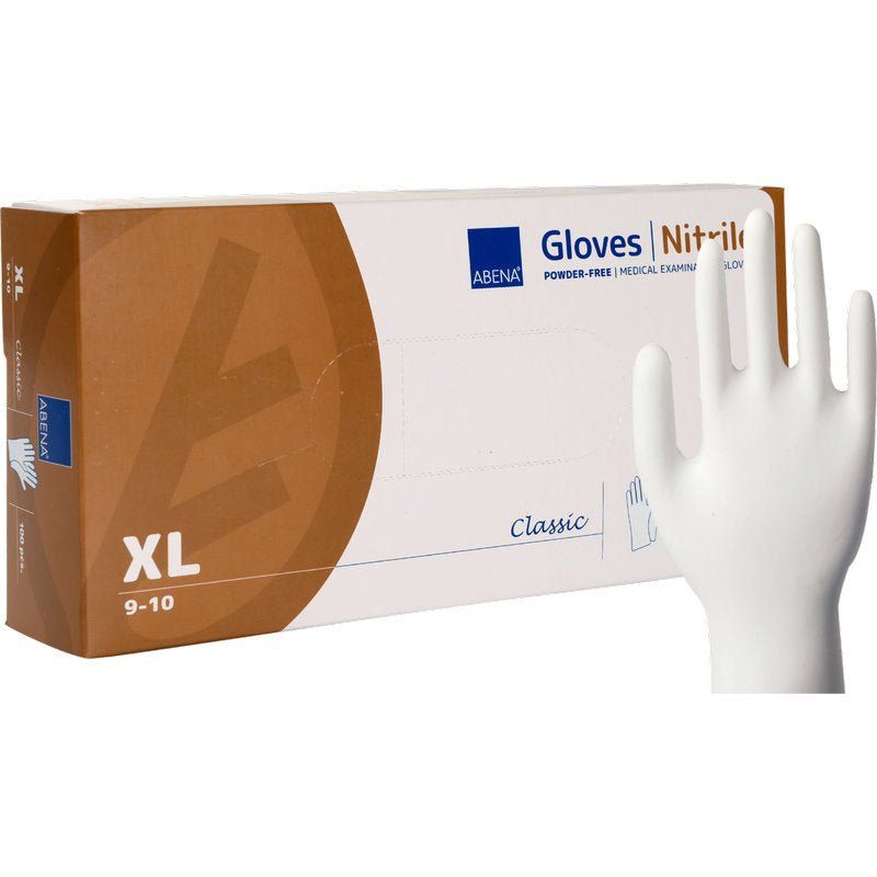 Box mit weißen Nitril-Handschuhen. Aufschrift: ABENA, Gloves Nitrile, Classic, XL 9-10. Daneben eine weiße Hand aus Kunststoff.