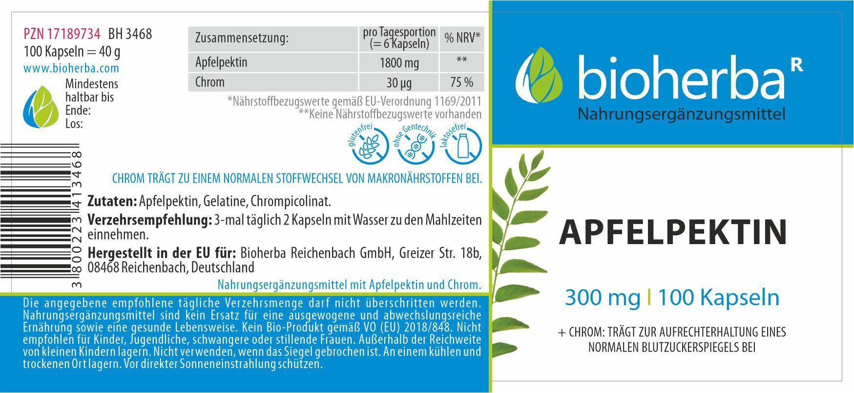 Etikett mit Produktinformationen. Enthält: Apfelpektin, Chrom. Dosierung: 2 Kapseln, 3 mal täglich. Hersteller: Bioherba.