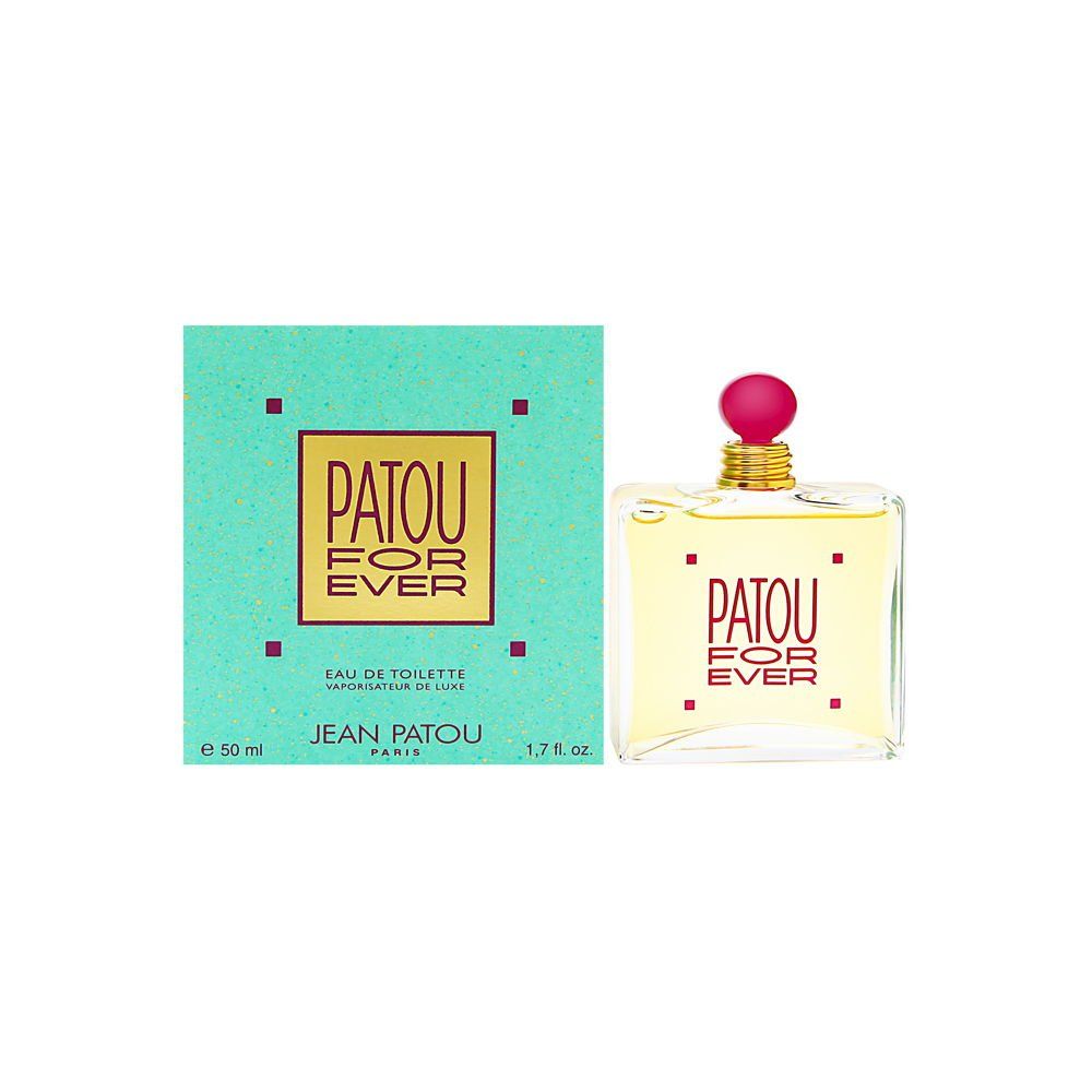 Flakon und Schachtel. Flakon mit rosa Kappe, gelber Flüssigkeit. Schachtel: PATOU FOR EVER, Eau de Toilette, Jean Patou Paris. Volumen: 50 ml, 1.7 fl. oz.