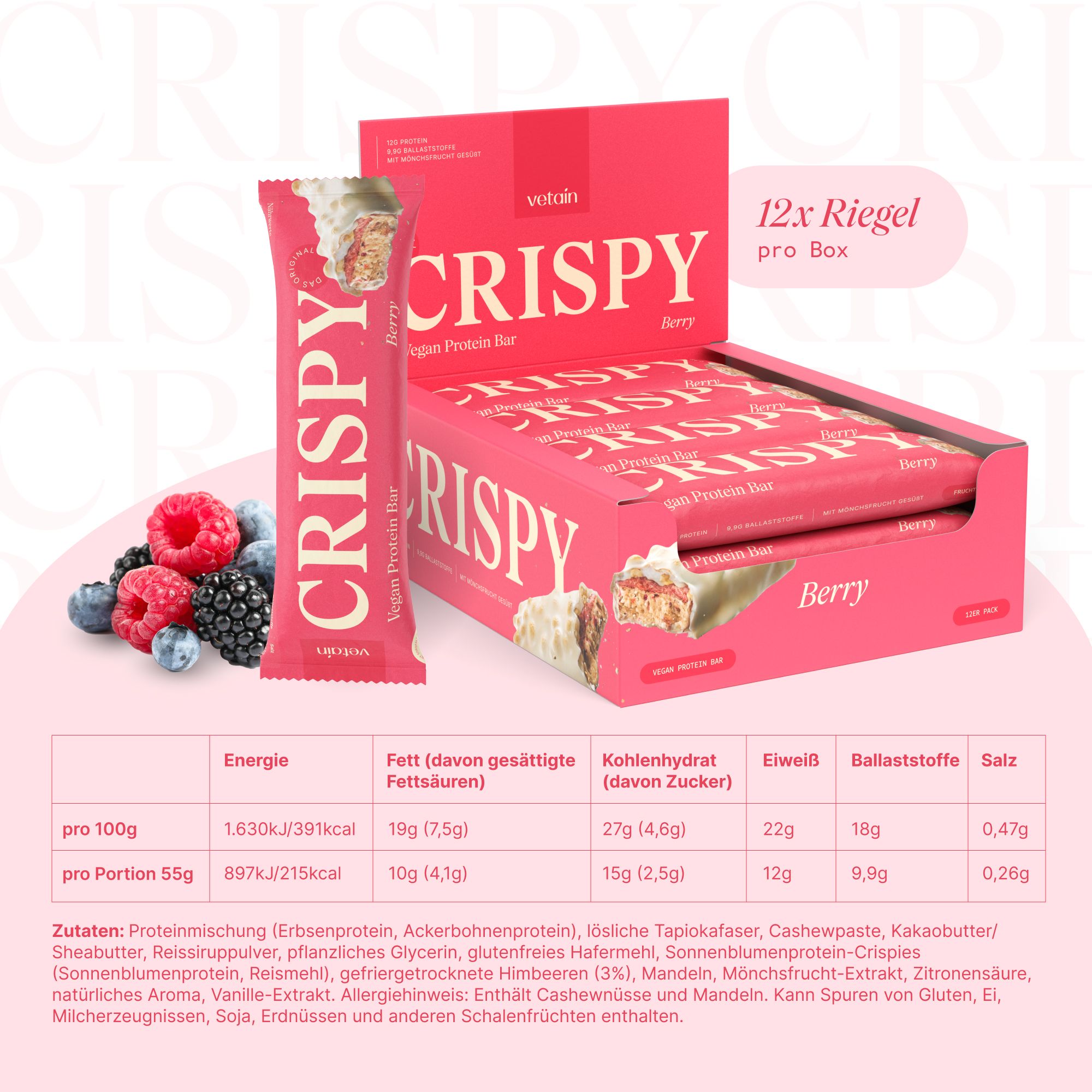 VETAIN Crispy Vegan Protein Bar, Beeren-Geschmack, 12g Protein, 9,9g Ballaststoffe.