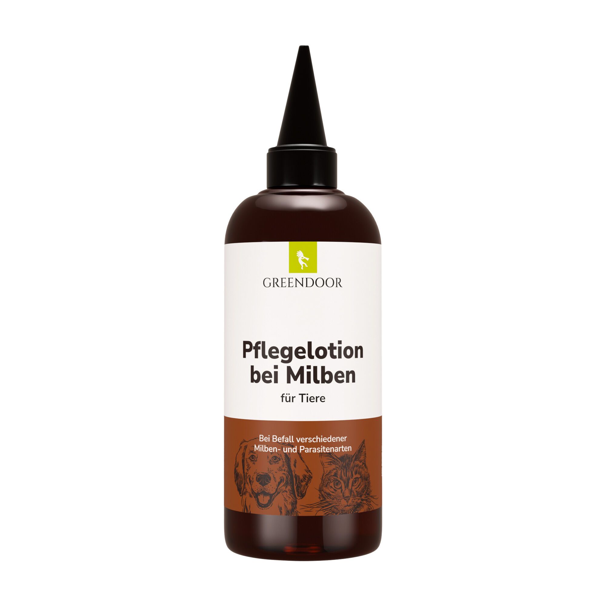 GREENDOOR Pflegelotion bei Milben für Tiere, braune Flasche mit schwarzem Applikator. Zeigt Hund und Katze.
