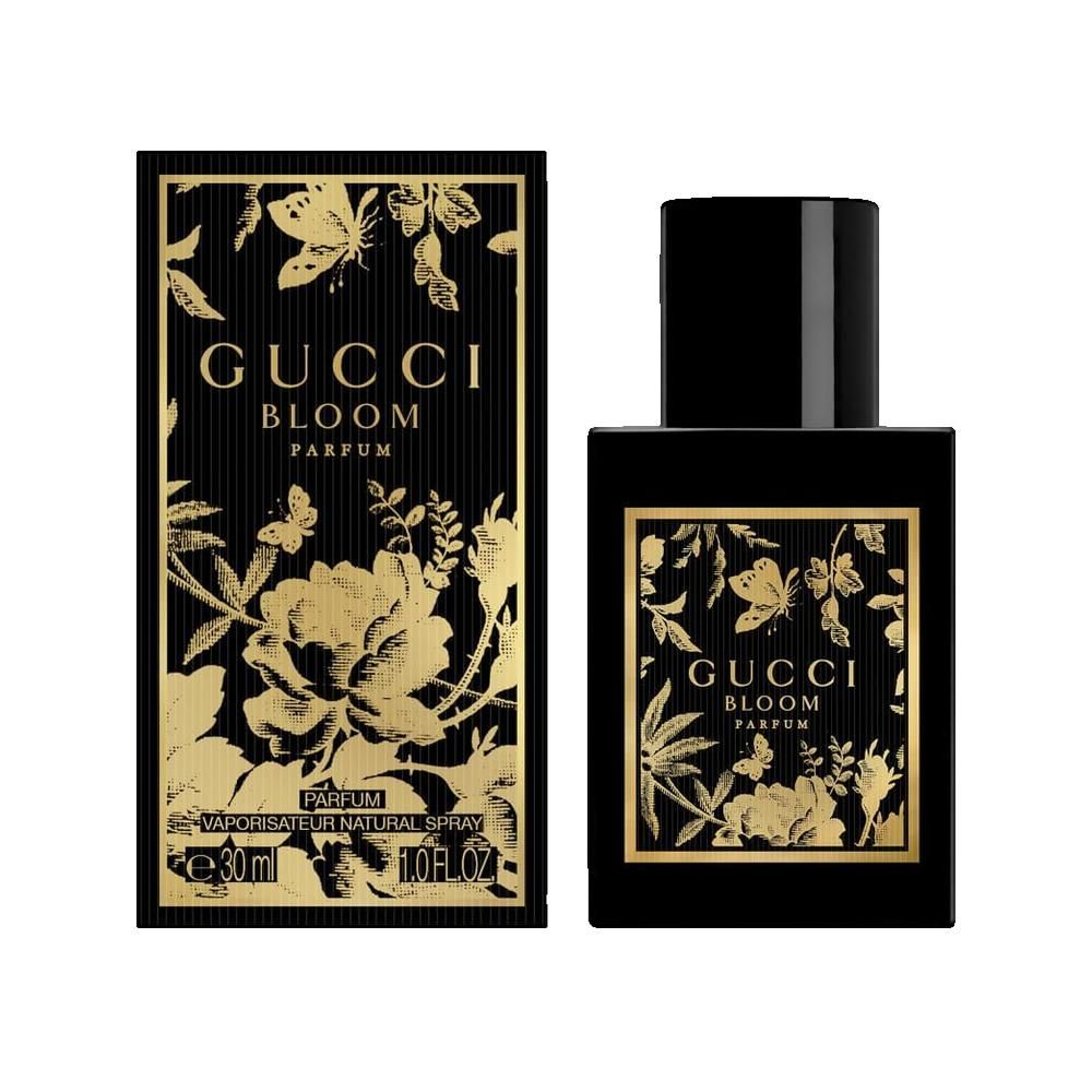Schwarzer Flakon und Schachtel. Aufschrift: Gucci Bloom Parfum. Goldene Verzierungen. Flakon mit schwarzem Verschluss.