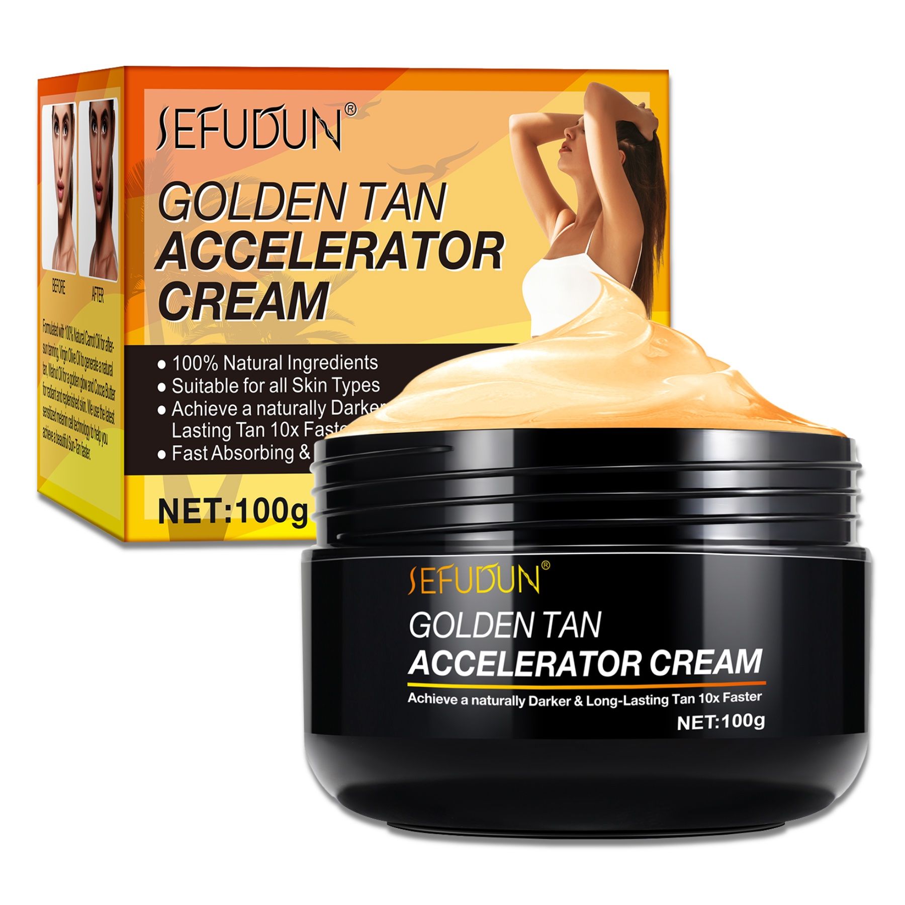 Schwarzer Tiegel mit SEFUDUN Golden Tan Accelerator Cream. Aufschrift: 100% natürliche Inhaltsstoffe. Auf der Verpackung: Frau mit gebräunter Haut.