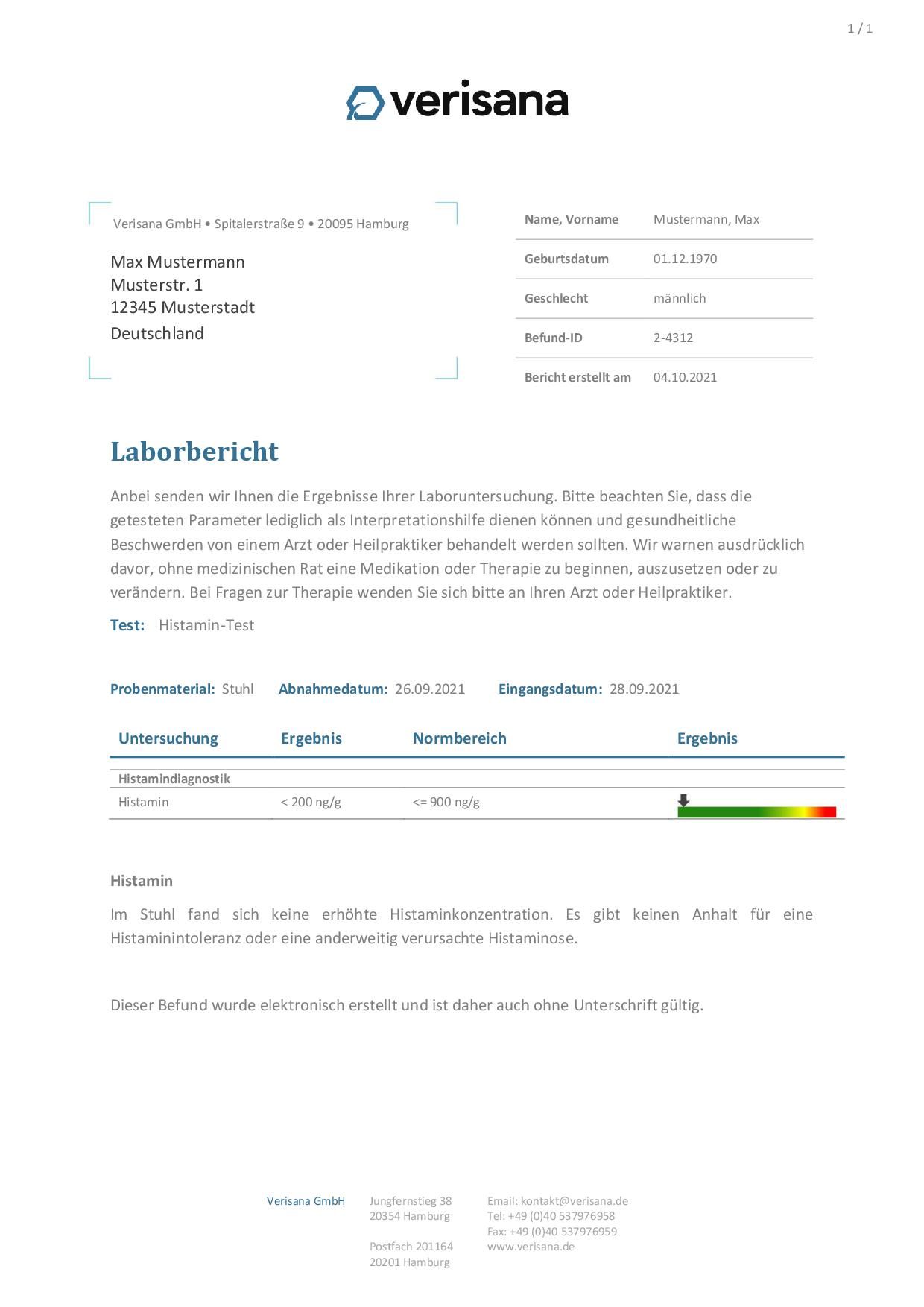Laborbericht von Verisana. Ergebnisse des Histamin-Tests. Angaben zu Patient und Datum. Text in deutscher Sprache.