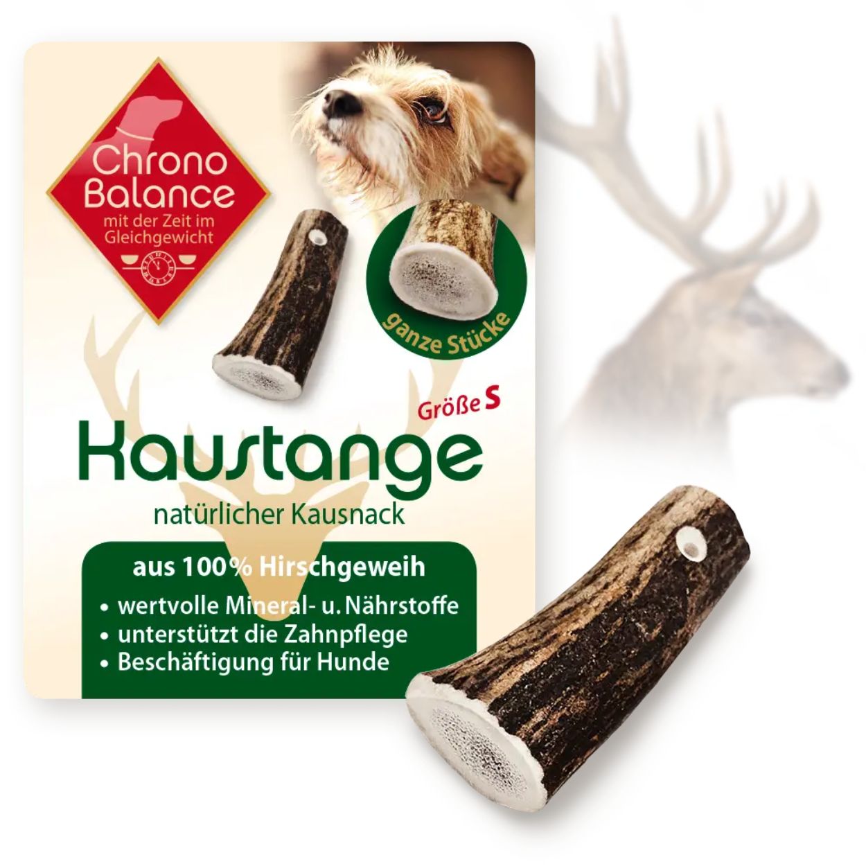 Produktverpackung mit Kauartikel aus Hirschgeweih. Text: Chrono Balance, Kausnack, natürliche Kausnack, Größe S, ganze Stücke. Enthält Mineralien und Nährstoffe.