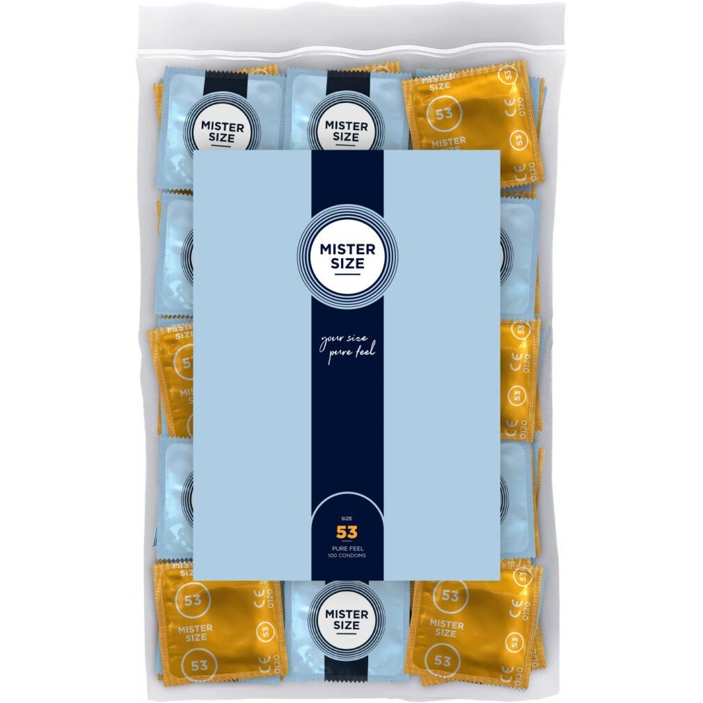 Verpackung mit Kondomen. Blaue und goldfarbene Einzelverpackungen. Aufdruck: Mister Size, 53.