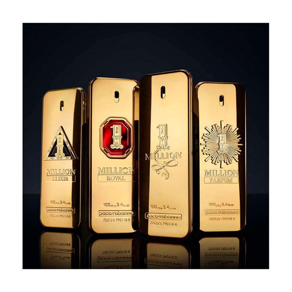 Vier goldfarbene Flakons. Aufschrift: 1 Million. Marke: Paco Rabanne. Verschiedene Designs.